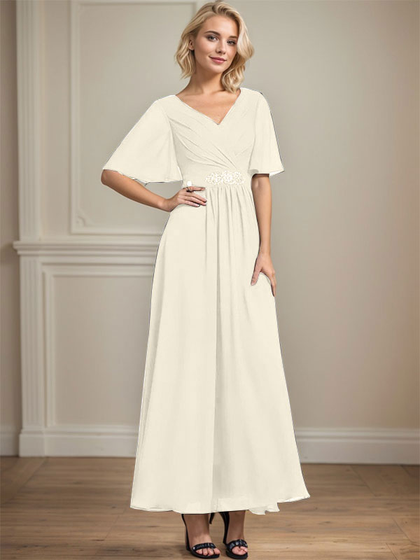 Vestido de gasa para madre de la novia, corte A, escote en V, largo hasta los tobillos, con lentejuelas y cuentas plisadas