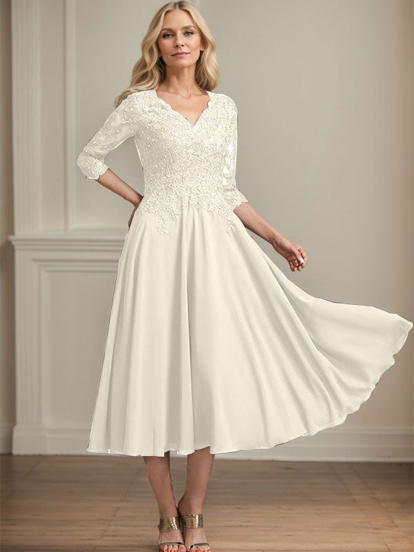 A-Linien-Kleid aus Chiffonspitze mit V-Ausschnitt, Teelänge, Perlen- und Paillettenstickerei für die Mutter der Braut 