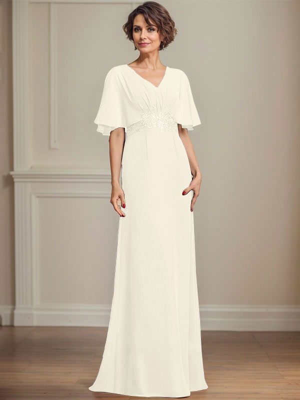 A-Linien-Kleid aus Chiffon mit V-Ausschnitt, bodenlang, für die Mutter der Braut, mit plissierten Paillettenapplikationen und Spitze
