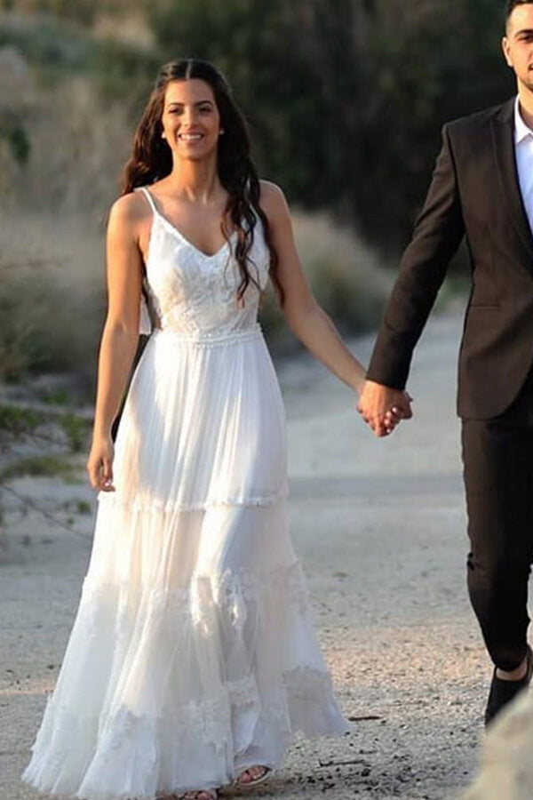 Ivory Chiffon A-line V-neck lace Beach Wedding Dresses, Bridal gown