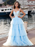 Flower Appliqued Corset Top Lace Layered Tiered Ball Gown Prom Dress