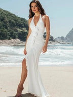 Backless 3D Flowers White Vacation Dress