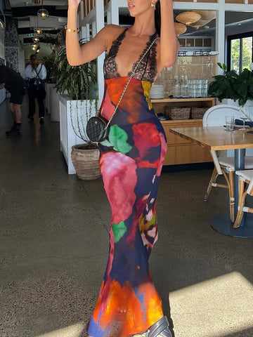 Vestido vacacional de gasa con estampado floral y teñido anudado