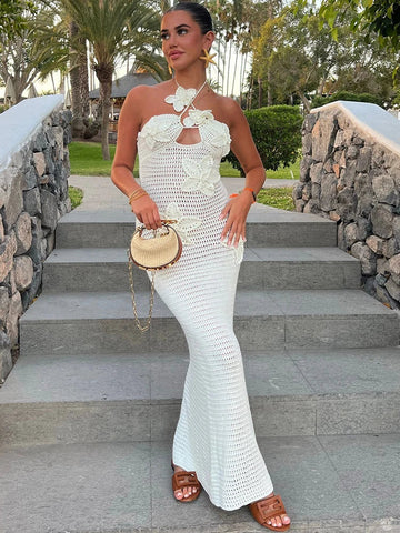 Vestido de vacaciones de punto con cuello halter y flores 3D azules