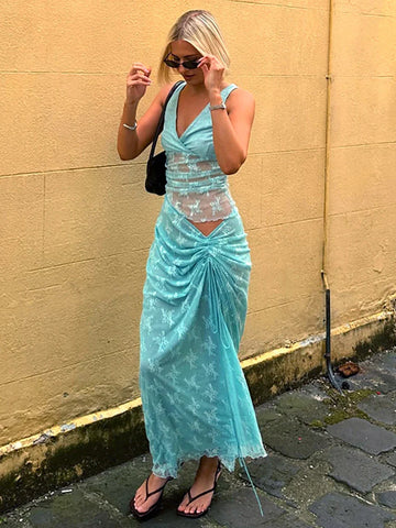 Vestido de vacaciones con falda de cuello en V y encaje de patchwork
