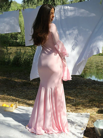 Vestido maxi rosa de vacaciones con cuello cuadrado