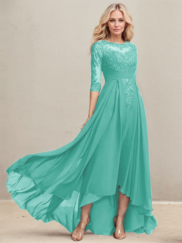 Vestido de madre de la novia de gasa con encaje asimétrico, ilusión, corte A y lentejuelas plisadas 