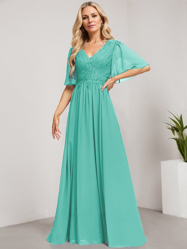A-Linien-Kleid aus Chiffon mit V-Ausschnitt, bodenlang, mit Pailletten besetzt – ideal für die Mutter der Braut 