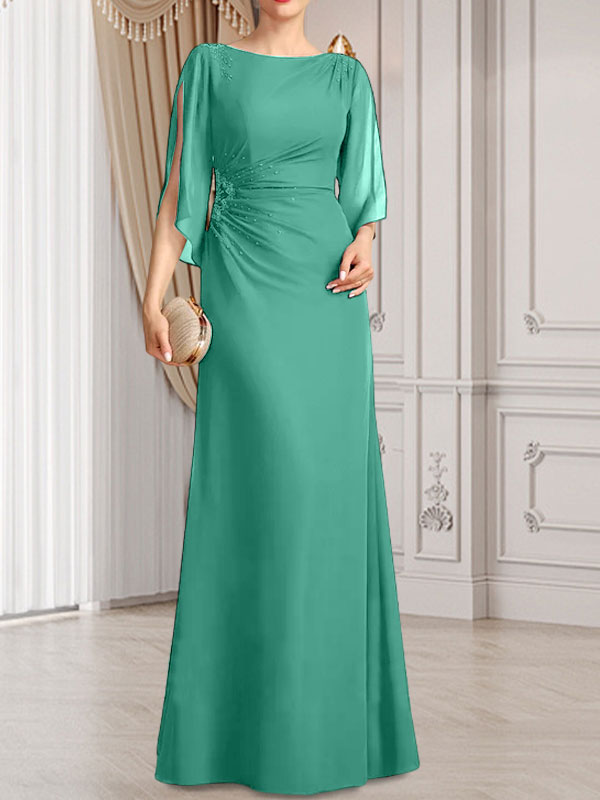 Etui-/Säulen-Chiffonkleid in Bodenlänge für die Mutter der Braut mit plissierter Perlenstickerei