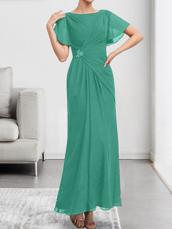 A-Linien-Chiffonkleid mit Rundhalsausschnitt, knöchellang, mit Perlenstickerei und Falten für die Mutter der Braut