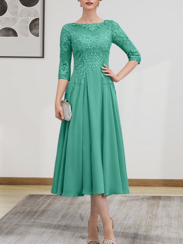 A-Linien-Kleid mit U-Boot-Ausschnitt, Illusion-Detail, Teelänge, Chiffonspitze, Perlenstickerei und Pailletten für die Mutter der Braut