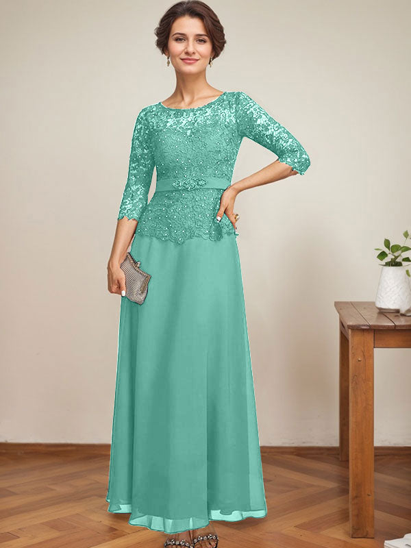 Vestido de gasa con encaje y escote ilusión hasta los tobillos para madre de la novia con cuentas de diamantes de imitación 