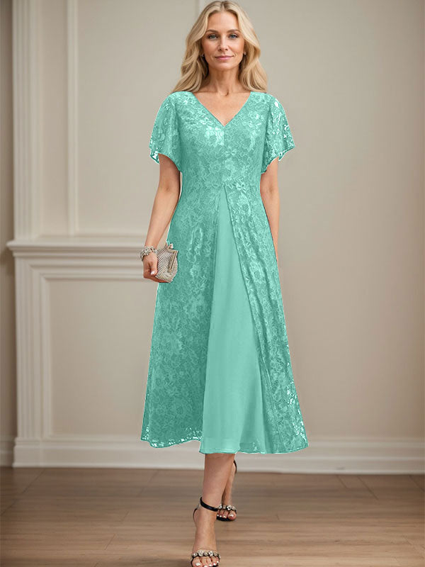 A-Linien-Kleid aus Chiffon mit V-Ausschnitt und Teelänge für die Mutter der Braut 