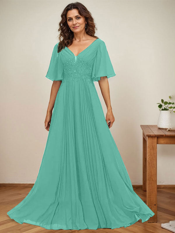 A-Linien-Kleid aus Chiffon mit V-Ausschnitt, bodenlang, mit Paillettenapplikationen, Spitze und Falten für die Mutter der Braut 