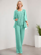 Zweiteiliger Jumpsuit/Hosenanzug, bodenlanges Chiffon-Kleid mit Spitze und Pailletten für die Mutter der Braut