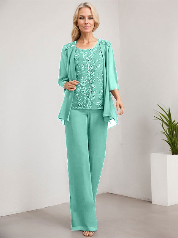 Vestido de madre de la novia de gasa con encaje y lentejuelas, con escote redondo y largo hasta el suelo, con mono/pantalón separado