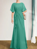 A-Linien-Kleid aus Chiffon in Bodenlänge für die Mutter der Braut mit kaskadenartigen Rüschen, Perlen und Pailletten