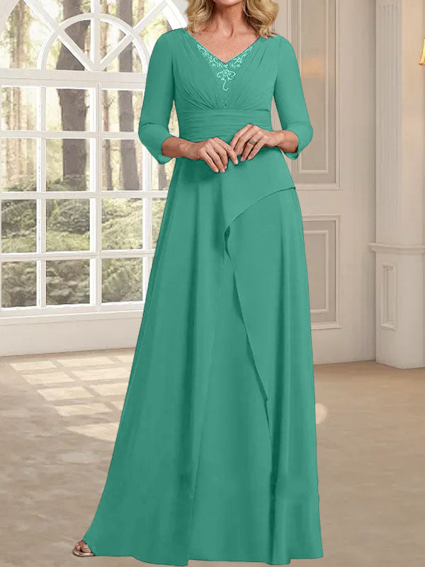 A-Linien-Kleid aus Chiffon mit V-Ausschnitt, bodenlang, für die Mutter der Braut, mit plissierter Perlenstickerei