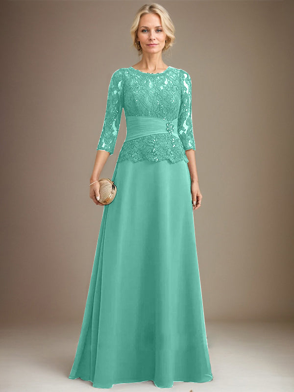 Vestido de gasa con encaje y escote en A, ilusión, largo hasta el suelo, para madre de la novia, con lentejuelas plisadas y abalorios 