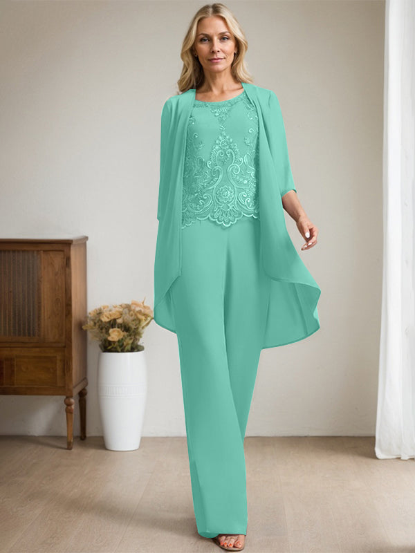Vestido de madre de la novia de gasa con encaje, escote redondo y lentejuelas y mono/pantalón separado 
