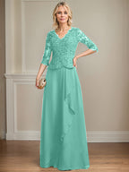 A-Linien-Kleid aus Chiffon mit V-Ausschnitt, bodenlang, mit Spitze, Kaskadenrüschen und Pailletten für die Mutter der Braut 