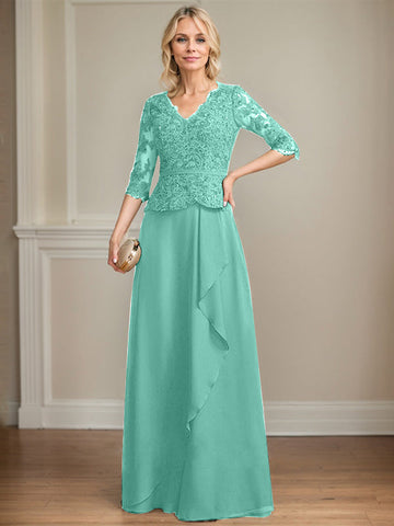 A-Linien-Kleid aus Chiffon mit V-Ausschnitt, bodenlang, mit Spitze, Kaskadenrüschen und Pailletten für die Mutter der Braut 