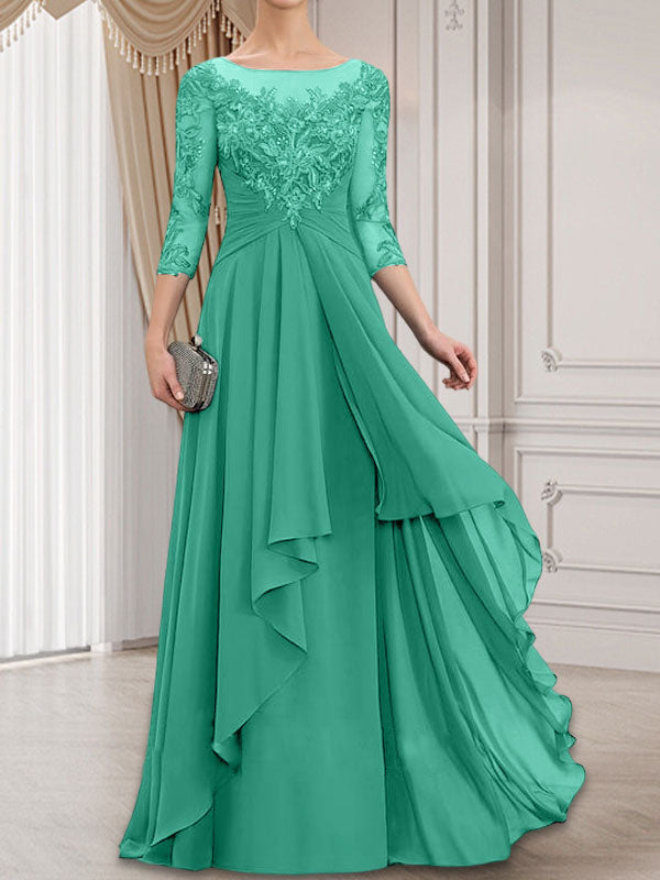 Vestido de gasa con encaje y volantes en cascada para madre de la novia, corte A, escote ilusión, largo hasta el suelo