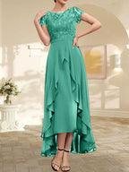 A-Linien-Kleid mit asymmetrischem Chiffon-Spitzenausschnitt, Schleife, Rüschen und Pailletten für die Mutter der Braut 