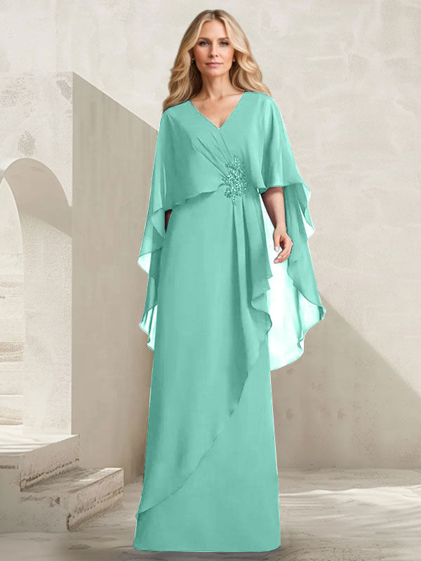 A-Linien-Kleid aus Chiffon mit V-Ausschnitt, bodenlang, mit Kaskadenrüschen und Perlenstickerei für die Mutter der Braut. 