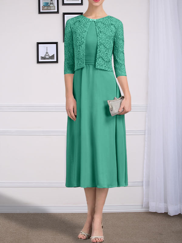 Vestido de gasa para madre de la novia, corte A, escote redondo, largo hasta la rodilla, con pliegues