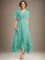 A-Linien-Kleid aus Chiffon mit asymmetrischem V-Ausschnitt und Spitze für die Mutter der Braut mit Falten