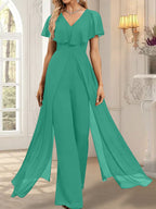 Jumpsuit/Hosenanzug, bodenlanges Chiffon-Abendkleid mit V-Ausschnitt