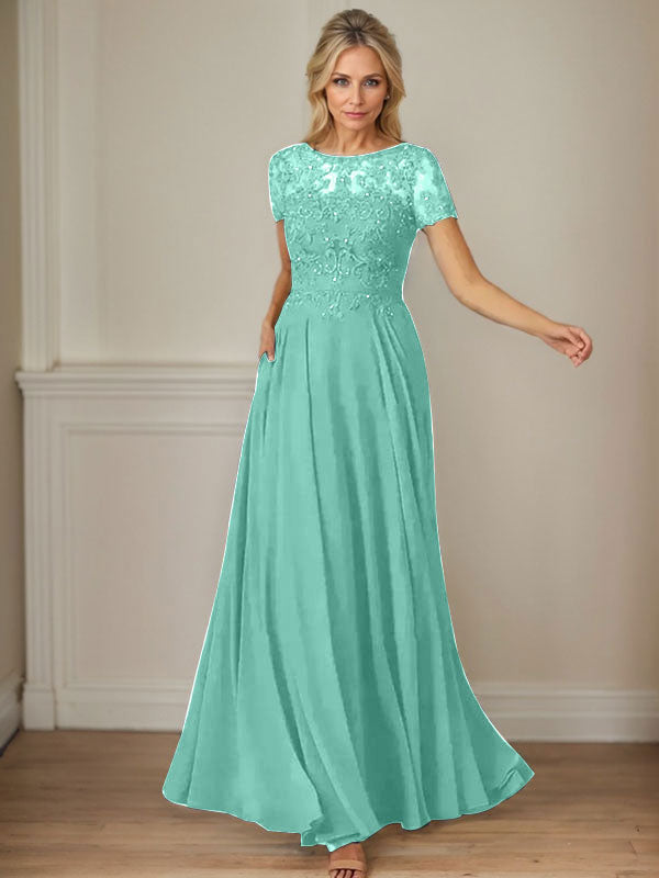 Dunkelblaues A-Linien-Pailletten-Chiffonkleid mit U-Boot-Ausschnitt 