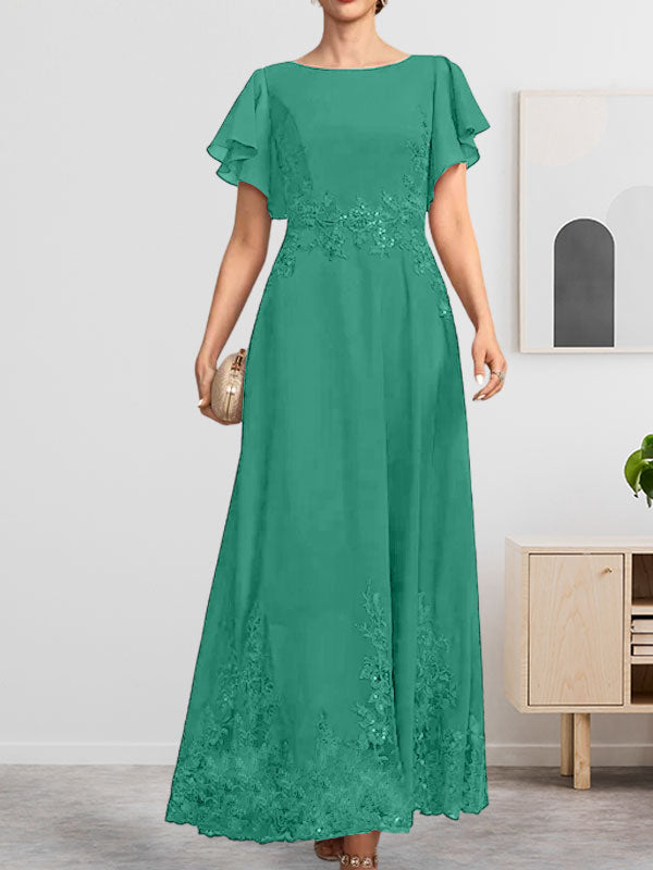 A-Linien-Kleid mit Rundhalsausschnitt, knöchellang, aus Spitze und Chiffon, mit Pailletten besetzt