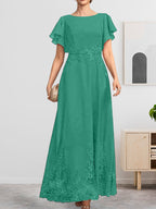 A-Linien-Kleid mit Rundhalsausschnitt, knöchellang, aus Spitze und Chiffon, mit Pailletten besetzt