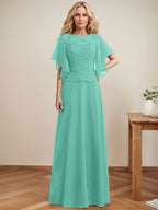 A-Linien-Kleid mit Rundhalsausschnitt, Illusion-Effekt, bodenlang, aus Chiffon und Spitze mit Pailletten – das perfekte Brautmutterkleid 