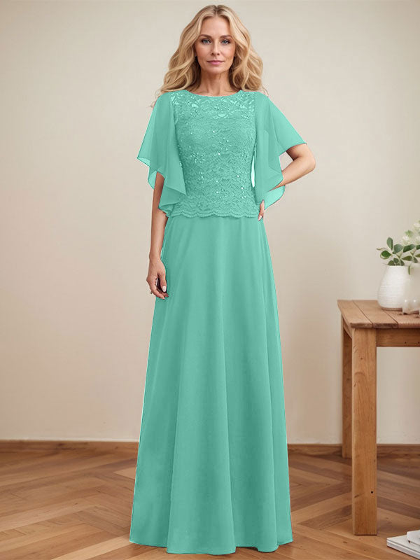 Vestido de madre de la novia de gasa con encaje, ilusión, largo hasta el suelo, corte A y lentejuelas 