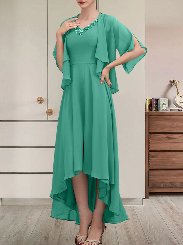 A-Linien-Kleid aus Chiffon mit V-Ausschnitt, asymmetrischem Muster und Perlen- und Paillettenbesatz für die Mutter der Braut