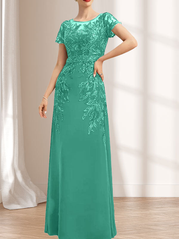 Vestido de gasa con encaje y lentejuelas para madre de la novia, largo hasta el suelo, con escote redondo e ilusión
