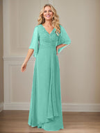 Langes Pailletten-Chiffon-Kleid in A-Linie mit V-Ausschnitt für die Mutter