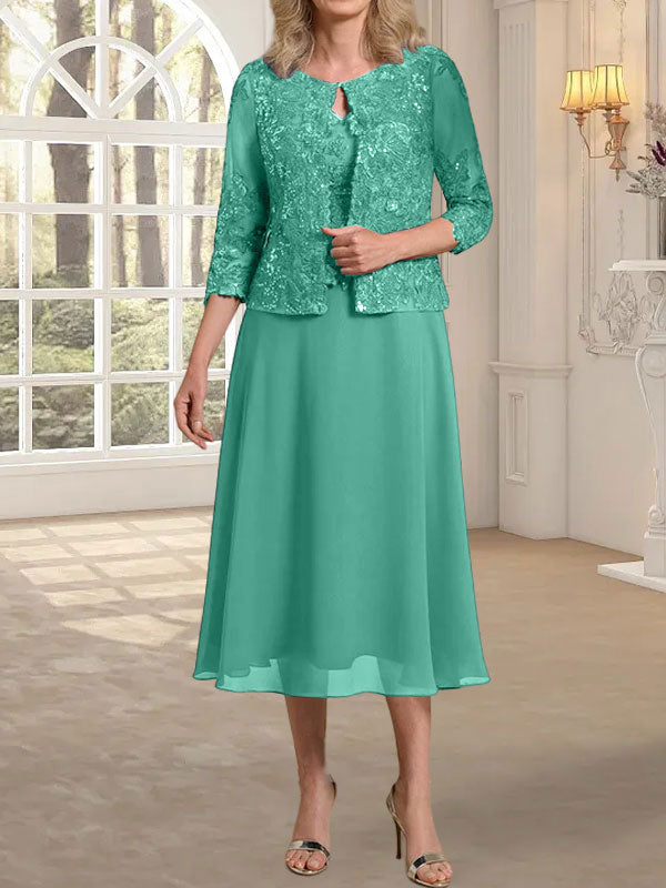 Vestido de gasa con encaje y lentejuelas para madre de la novia, corte A, escote redondo y largo hasta la rodilla 