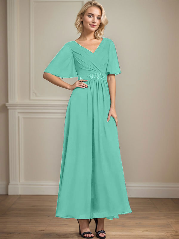 A-Linien-Chiffonkleid mit V-Ausschnitt, Knöchellänge, plissierten Pailletten und Perlenstickerei für die Mutter der Braut
