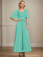 A-Linien-Chiffonkleid mit V-Ausschnitt, Knöchellänge, plissierten Pailletten und Perlenstickerei für die Mutter der Braut