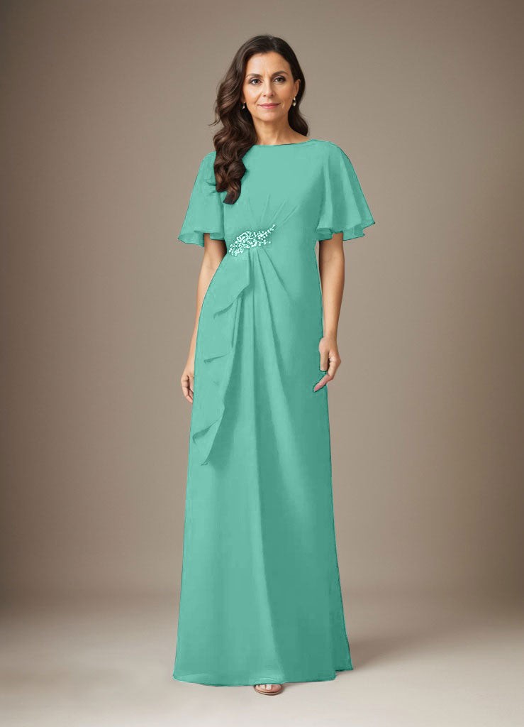 Dunkelblaues Etuikleid aus Chiffon mit Perlenbesatz
