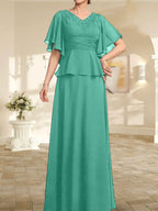 Vestido de gasa para madre de la novia, corte A, escote en V, largo hasta el suelo, con cuentas plisadas