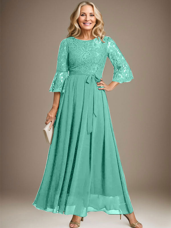 A-Linien-Kleid aus Chiffon mit Rundhalsausschnitt und Schleife, knöchellang, für die Mutter der Braut
