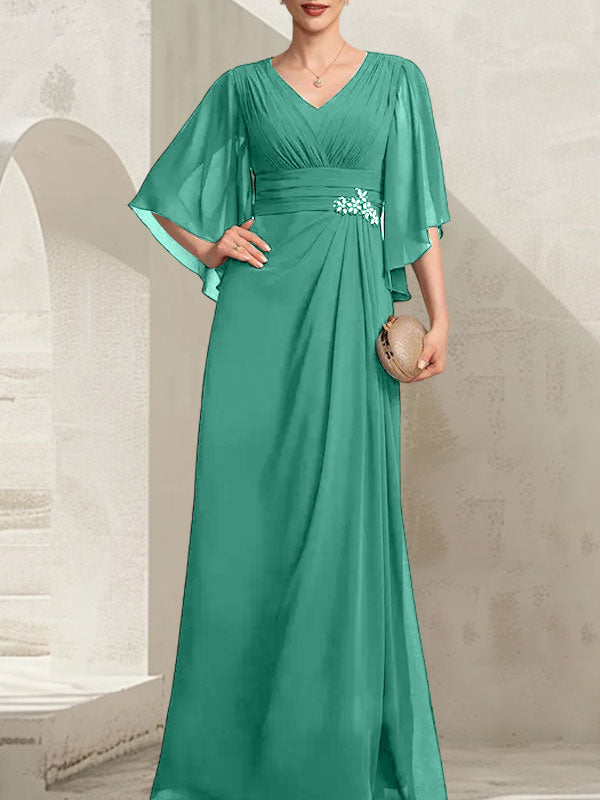 Vestido de gasa para madre de la novia, con escote en V, largo hasta el suelo, con lentejuelas plisadas y abalorios.