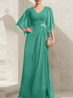 Vestido de gasa para madre de la novia, con escote en V, largo hasta el suelo, con lentejuelas plisadas y abalorios.