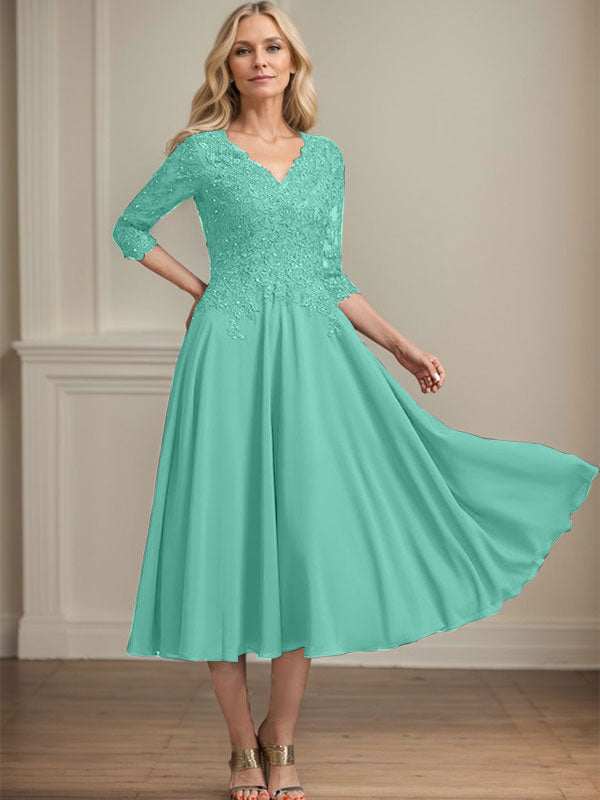 A-Linien-Kleid aus Chiffonspitze mit V-Ausschnitt, Teelänge, Perlen- und Paillettenstickerei für die Mutter der Braut 