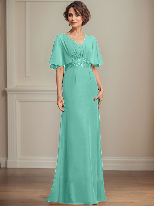 A-Linien-Kleid aus Chiffon mit V-Ausschnitt, bodenlang, für die Mutter der Braut, mit plissierten Paillettenapplikationen und Spitze